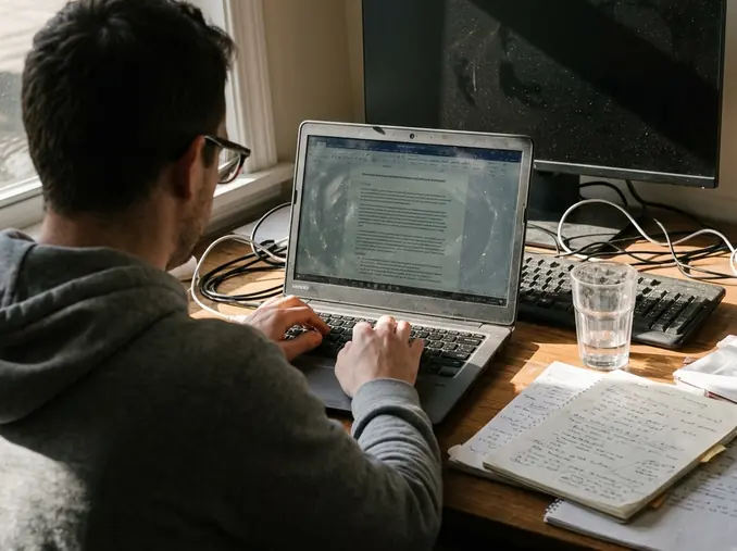 Observational Home office writing setup with laptop displaying a text draft titled What Therapists Often