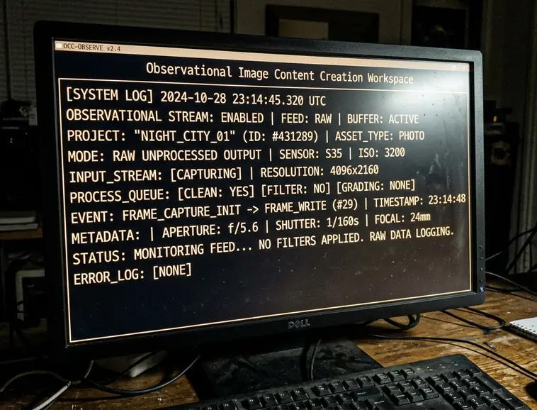 Unfiltered phone monitor displaying observational image content creation workspace, clean aesthe output, monospace text, screen