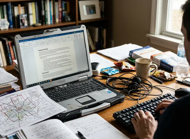 Field Content creation workspace, clean aesthetic disrupted by working clutter